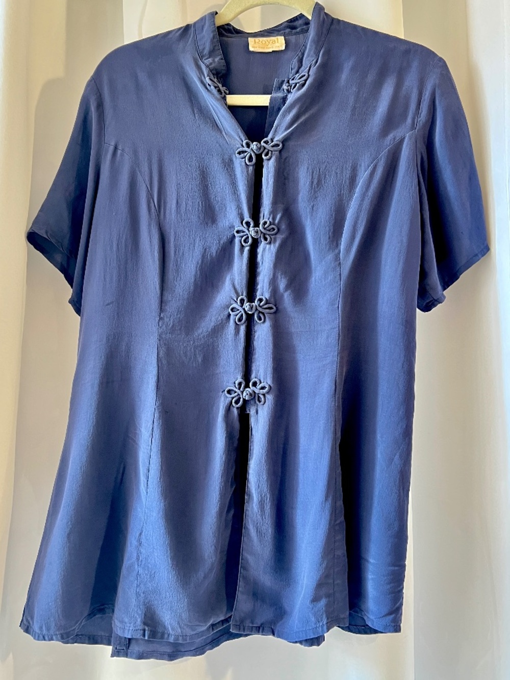 intage Royal 100% Silk Slate Blue Asian Style Frog Closure Blouse Top - Medium